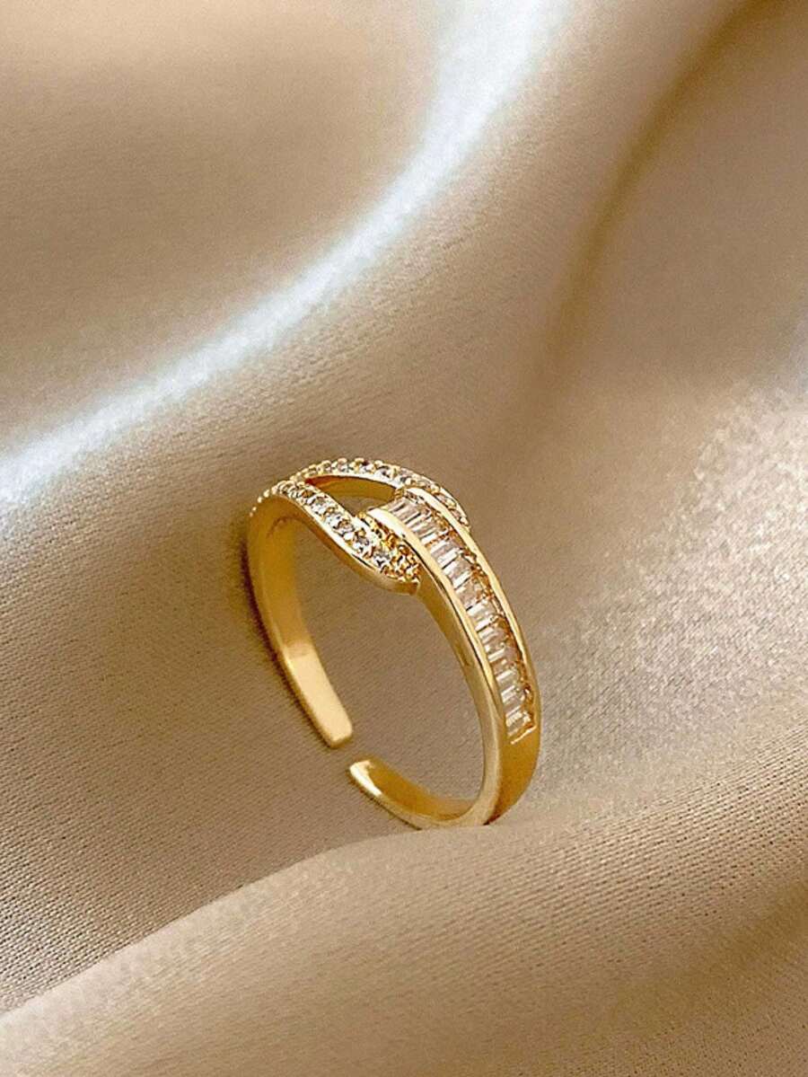 1 pieza Anillo de cobre chapado en oro de 18K con circonita, estilo coreano único - Amarillo Oro - Ver 1