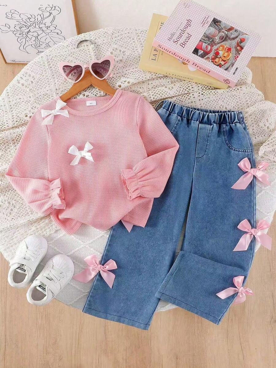 2pcs/Set Young Girls Sweet Pink Plaid Bow Front Long Sleeve Top And Bow Accent Casual Pants, Suitable For Daily, School, Vacation, Commute, Sportswear