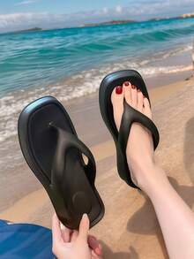 New Women's Flip-Flops - Minimalist, Versatile & Elegant Neutral Square-Toe (Solid Color) - Black - View 2
