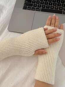 Women's Plush Half Finger Gloves, Warm Fingerless Knitted Mittens, Suitable For Writing & Outdoor, Autumn/Winter,School - A - View 2