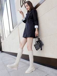 Botas altas elásticas negras planas de otoño/invierno 2025, botas de montar de talla grande con suela blanda y ajuste ceñido, botas de caña alta - Blanco - Ver 4