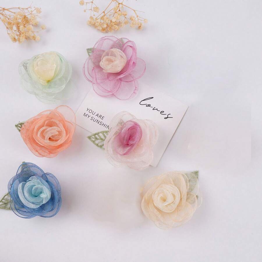 10pcs Pink Sheer Rose Flower Embroidered Patches With Leaves, Handmade 3D Floral Decor, Suitable For Hair Clips And Craft Decoration - Multicolor - View 1