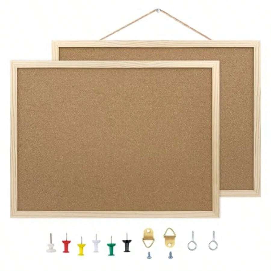 2 Pack Cork Board Bulletin Board 15.7"X 11.81" Inches With Oak Wood Finish Frame For Wall Office Home And School Pins Eye Bolts Gaskets Screws - 棕色 - 查看 1