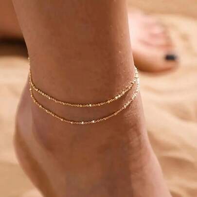 1pc Double Layer Anklet For Women, Fashion & Delicate, Suitable For Daily Wear, Beach, Vacation, Gold & Silver Color Random