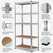 150cm/180cm Standing Garage Utility Shelving Unit, 5 Tier Garage Shelving Units Heavy Duty Metal Storage Shelves Shed Utility Rack, Adjustable & Easy Installation, For Warehouse Office School Home, Silver - Silver-150cm - View 3
