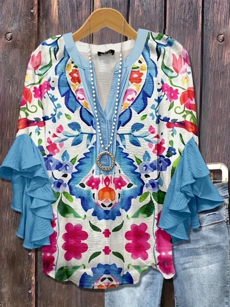 Women's Vintage Shirt1 PCS Layered Ruffle Sleeve Top, Retro Floral Pattern Bohemian , 3/4 Length Sleeves, V-Neck, Daily Holiday Vacation - 藍色 - 查看 1