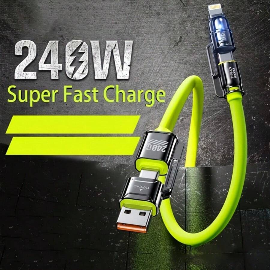 4合1 USB充電線，最大輸出 240W 多功能 USB-C 快充線。配備 Type-C/USB-A/Lightning 接頭，相容 iPhone 16/15/14/13、Galaxy 及其他設備。240W 最大 4合1 快充線，雙介面設計，支援三種充電模式：USB-A/Type-C/Lightning。適用於 iPhone 16/15/14/13/12/11 Pro Max