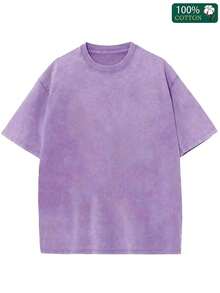 Vintage Washed And Distressed Oversized Short-Sleeved Cotton T-Shirt With Delicate Double-Sided Wing Print. - 紫色 - 查看 2