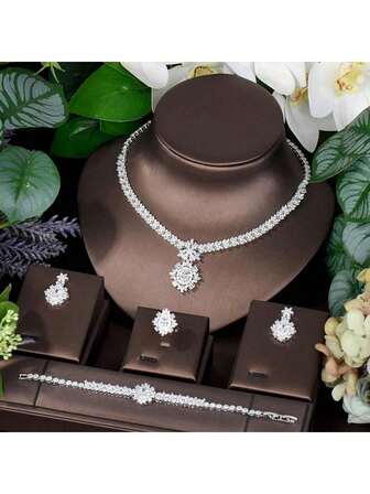 1 套浪漫珠宝套装，不对称圆形方晶锆石装饰，适合女性婚礼佩戴