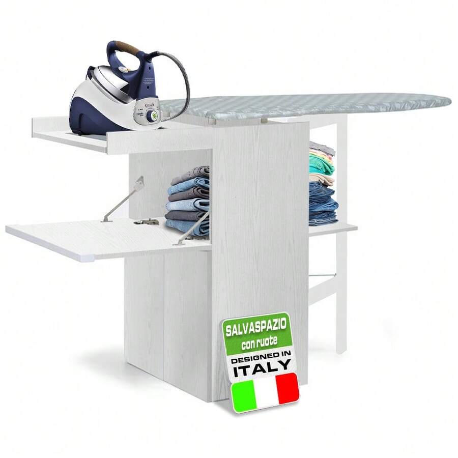 Shally Dogan Folding Space-Saving Retractable Ironing Board, Folding Cabinet With Wooden Frame For Quick Ironing, 4 Wheels For Moving, Ideal For Laundry Room, Bathroom - White Ash - View 1