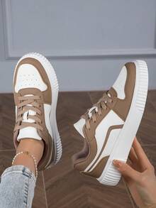 女士休闲时尚低帮平底系带透气拼接运动鞋，轻便舒适滑板鞋，百搭女士鞋 - 棕色 - 查看 14