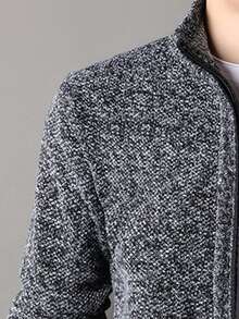 青少年秋冬罗纹袖口和下摆纹理拉链前襟经典侧袋户外休闲百搭立领毛衣夹克 - 深灰色 - 查看 4