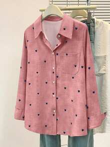 大码女式休闲基础款纯色爱心印花长袖POLO衫，带口袋，春夏秋季日常穿着，粉色 - 粉色 - 查看 7