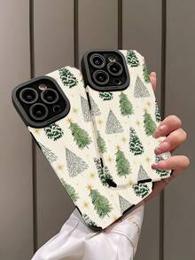 1pc Fashionable Vertical Striped Green Christmas Tree Pattern High-End Faux Leather Anti-Fall Anti-Fingerprint Shock-Proof Phone Case Compatible With Apple And Models - Multicolor - View 4