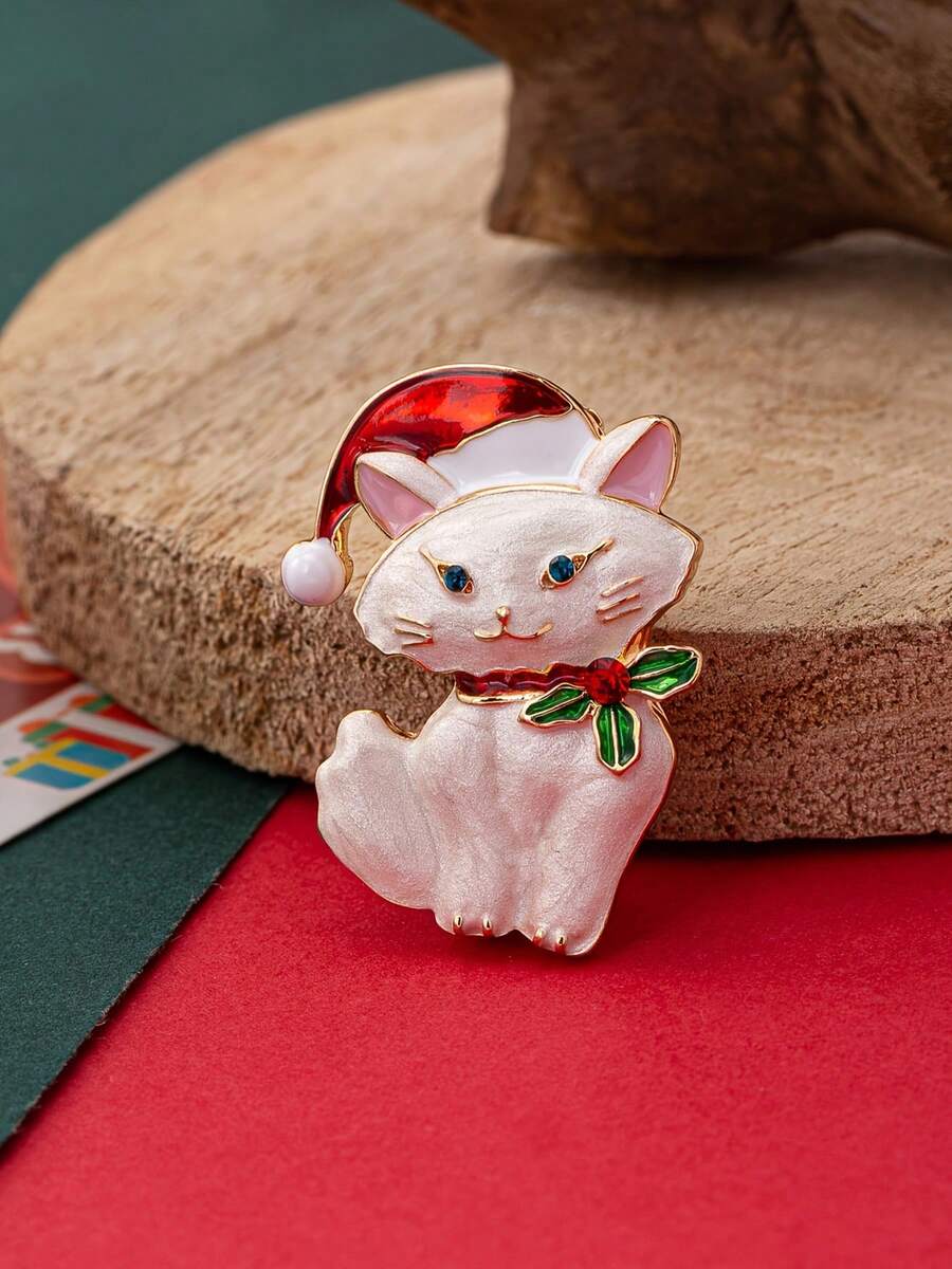 1pc Creative Cute Cartoon Christmas Hat Cat Metal Brooch, Elegant Vintage Style Christmas Brooch Pin For Women