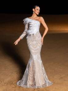 Faeriesty Glamour Luxury One-Shoulder Mermaid Evening Gown With Sequin, Sequins Accents – Geometric Patterns, Slim-Fit Fish-Tail Silhouette For Weddings, Red-Carpet Events, Evening Galas & Luxurious Dinners - Apricot - View 8