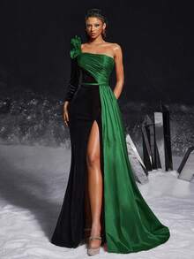 VIPGIRL Váy dài hở vai họa tiết hoa nổi màu xanh lá cây và đen thanh lịch, dự tiệc sang trọng - Màu xanh lá cây đậm - Xem 1