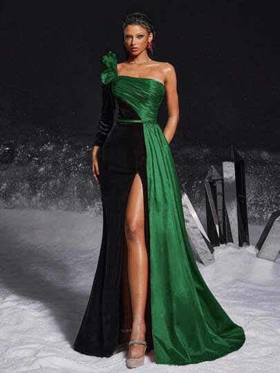 VIPGIRL 优雅的绿色和黑色立体花朵单肩高开叉礼服，优雅的派对