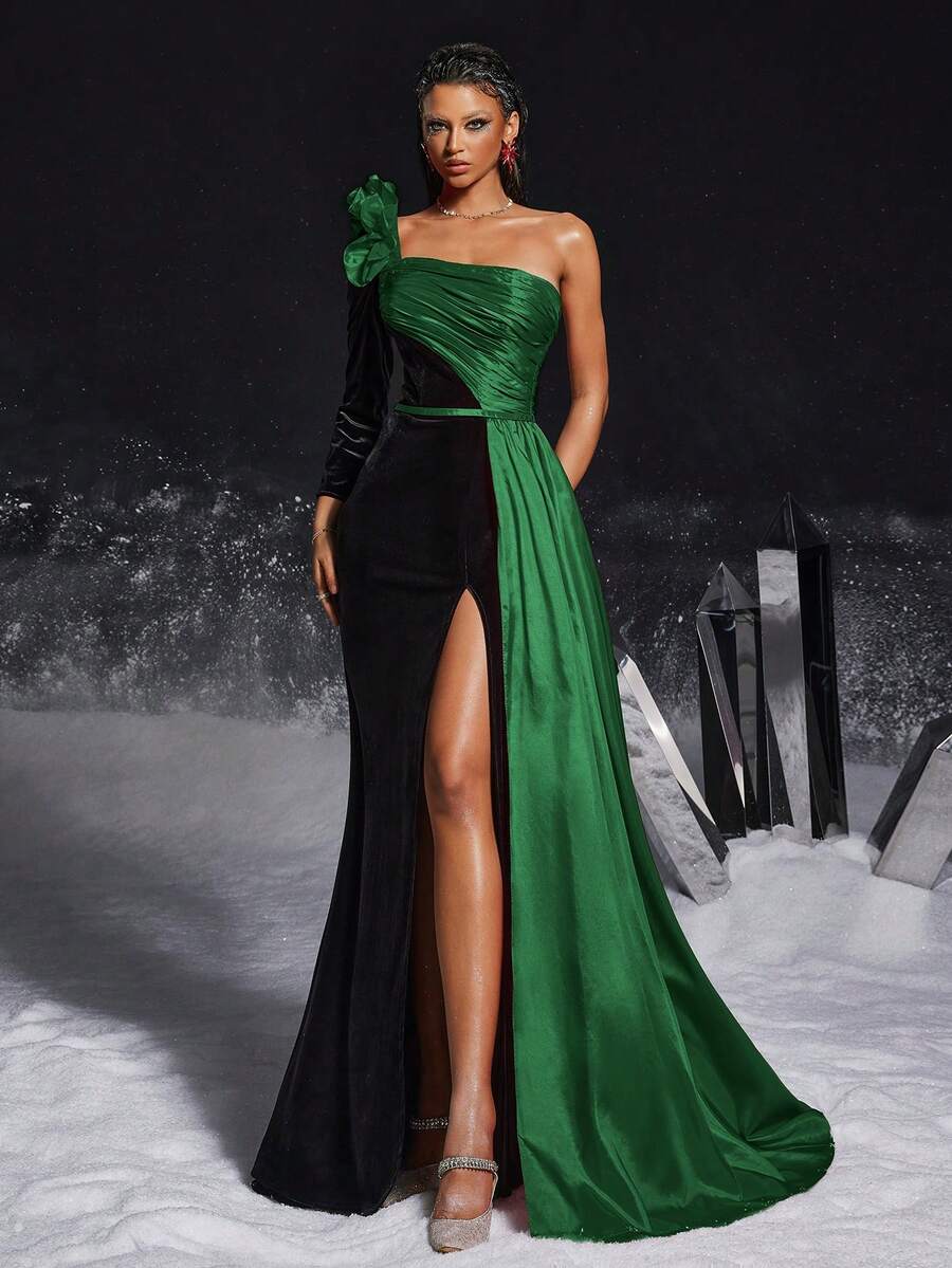 VIPGIRL Váy dài hở vai họa tiết hoa nổi màu xanh lá cây và đen thanh lịch, dự tiệc sang trọng - Màu xanh lá cây đậm - Xem 1