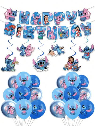 Disney 25 PIEZAS Juego de globos oficialmente con licencia de la serie Stitch y Angel Lilo con banderines de personajes de dibujos animados, colgador de globos, decoraciones de fiesta de cumpleaños con tema lindo, accesorios para la escenografía y decoración interior de la fiesta