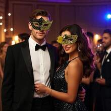 Masquerade Masks For Couple Couple Venetian Mask For Christmas Festival Costume Party Black Gold - như hình ảnh - Xem 5
