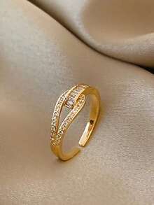 1 pieza Anillo de cobre chapado en oro de 18K con circonita, estilo coreano único - Amarillo Oro - Ver 2