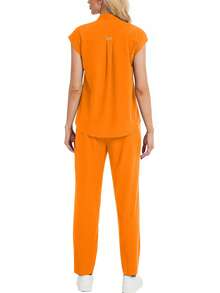 Set de 2 piezas: Top de manga corta con cuello en V de unicolor y pantalones largos de ropa de estar por casa para primavera - Naranja - Ver 3
