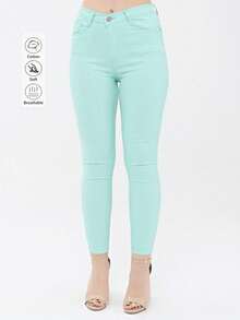 Women High Waist Linen Tight Leg Pants, Solid Color Casual With Drawstring & Pockets - Mint Blue - View 1