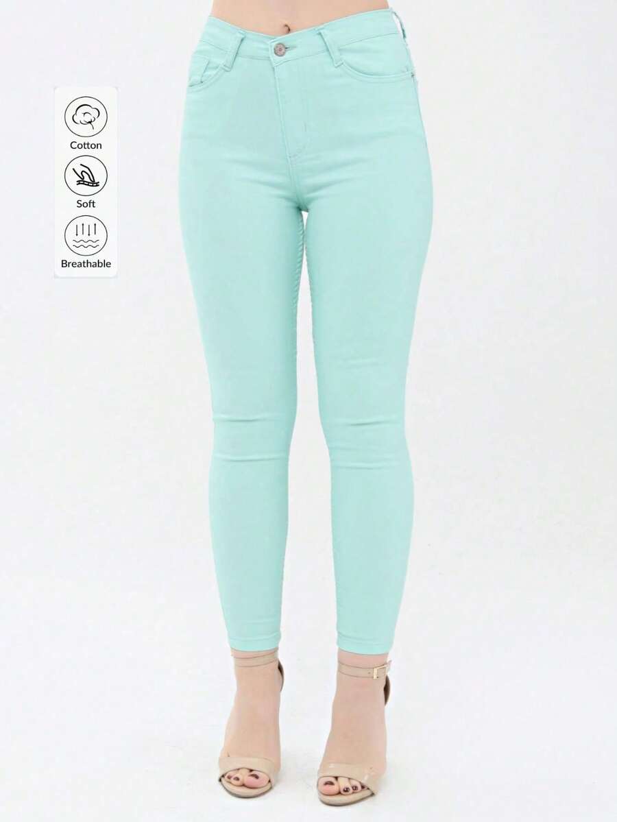 Women High Waist Linen Tight Leg Pants, Solid Color Casual With Drawstring & Pockets - Mint Blue - View 1