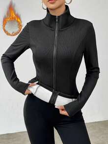 Women's Tight Fit High Collar Zipper Jacket With Thermal Lining, Warm And Comfortable For Casual And Home Wear In Autumn/Winter, Sleeves Without Thermal Lining - Black - View 2