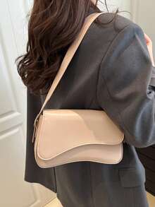 Retro Large Capacity Baguette Bag, Solid Color PU Leather Women's Shoulder Bag - Beige - View 3