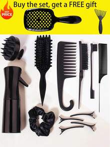 0150623540004 14件套美发造型工具套装 - 卷发梳、吹风梳、家用造型梳、气垫梳、喷雾瓶、按摩梳、发夹和发圈、直发和卷发护理产品、女士和儿童美发梳套装