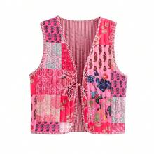 Blusa de vacaciones con bloqueo de color y estampado de paisley con lazo delantero CT1215