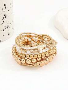 11pcs Versatile Handmade Faux Pearl Cross Beaded Elastic Bracelet, Multi-Element Star & Square CCB Bracelet Set For Women - Gold - View 2