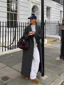 女士长款粗花呢羊毛混纺大衣，翻领带口袋，独特纽扣细节，无弹力常规版型，秋冬外套，适合办公室、圣诞节、新年派对及其他场合。 - 深灰色 - 查看 4