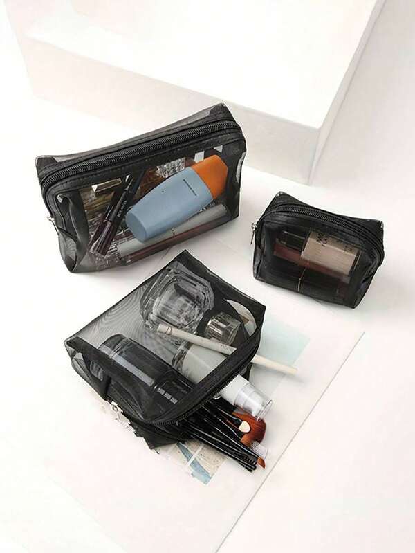 3 Pcs Portable Travel Makeup Brush Storage Bag, Large-Capacity Nylon Mesh Cosmetic Bag, Large-Capacity Toiletries Bag, Can Store Lipstick, Air Cushion Brushes And Other Cosmetics. The Internal Space Is Ample For Storing Small Items. It Is Suitable For Travel And Business Trips And Is Easy To Carry. It Is A Must-Have Item For Fashionistas., Bag, Vanity, Makeup Organizer, Christmas Gifts, Pouch, Clutch / Small Handbag, Makeup Organizer, Pouch, Brush Holder, Mini Pouch, Large Capacity Pouch