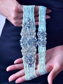2 件/套新款设计浅蓝色水晶水钻新娘吊袜带，弹性蓝色蕾丝大腿吊袜带，女式派对腿吊袜带 - 藍色蕾絲 - 查看 11