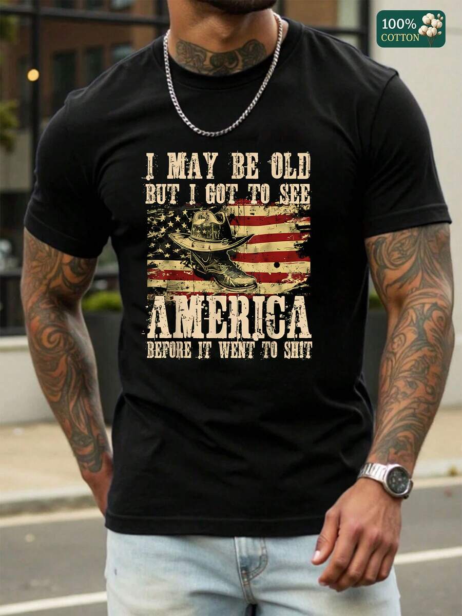 Men's Vintage Graphic T-Shirt, Retro Distred American Flag  Hat & Boot Print,  Soft Cotton Casual Tee, All-Day Comfort For Weekend Hangouts, Gift For Men Who Love Classic USA Design, Everyday Wear Men's Printed Tshirt - 黑色 - 查看 1