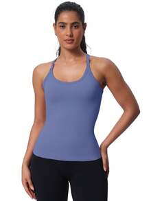 Workout Tank Tops For Women Built In Shelf Bras Padded -Racerback Athletic Tank Tops Ribbed Yoga Shirts - 灰藍色 - 查看 3
