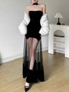 Top Dazzle 女士无袖露肩网纱拼接性感吊带露背连衣裙，魅力时尚，适合任何场合 - 黑色 - 查看 4