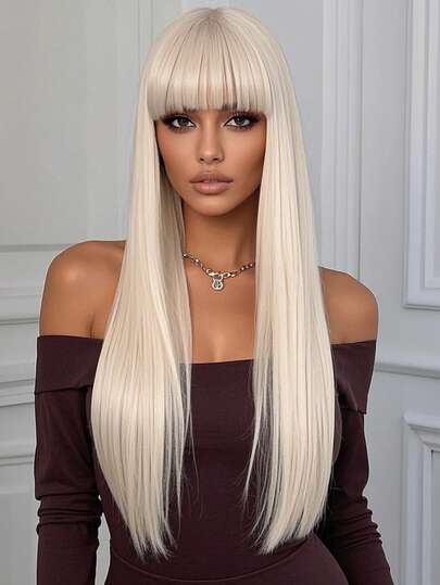 Gorgeous And Romantic 26-Inch Straight Blonde Wig With Bangs For Natural Hair Lightweight And Breathable Y2K Heat-Resistant Synthetic Fiber Wig Suitable For Women's Daily Wear Holiday Party Wig Cosplay Halloween Christmas Gift Music Performance Casual Fashion Wig
