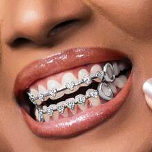 Hip-Hop  Fashion Gold Teeth Micro Inlaid Heart Full Diamond Teeth Set Daily Street Personality  Rap Accessories - Răng hàm trên bằng vàng - Xem 1
