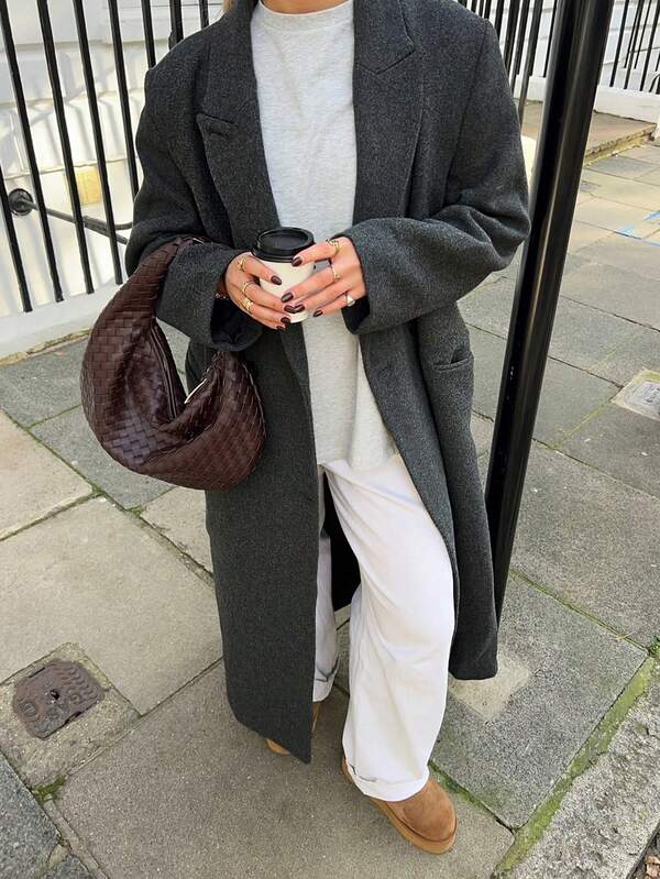 Women Long Tweed Drop Shoulder Overcoat With Lapel Collar And Pockets Chic Button Detail Non-Stretch Regular Fit Fall Winter Outerwear ,Suitable For Office,Christmas, New Year's Party And Other Occasions