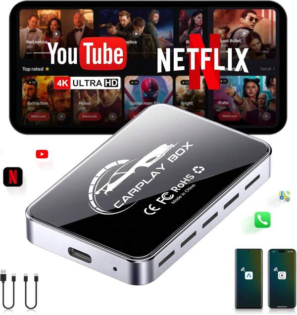 AI Box Wireless CarPlay & Auto Adapter - Plug & Play, Dual-Band WiFi, Bluetooth 5.0, 4K Video Support, Android 12.0 System, Compatible With Factory CarPlay & Android Auto (4GB RAM+32GB ROM)