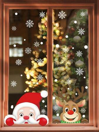 4/2 szt. Świąteczne naklejki na okna, świąteczne dekoracje okienne, płatki śniegu, naklejki świąteczne do domu, jelenie, Święty Mikołaj i płatki śniegu, wystrój domu, dekoracje świąteczne, wystrój pokoju, zima