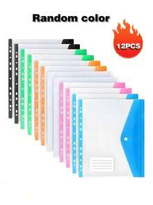 12个透明彩色文件夹，学生试卷收纳袋，带名片的防水文件袋，A4按扣文件袋，适用于学校用品，返校