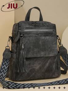 防盗复古流苏PU软皮双肩包女包，多功能时尚日用包，多口袋轻便旅行包，大容量简约书包，便捷书包，适合学生、护士、教师、商务人士、旅行度假、商务出行、日常通勤、购物、办公、约会、徒步、训练、工作、生日礼物、节日礼物、背包