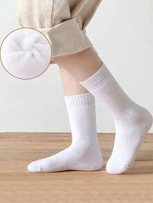 1/3/5/10/15/20 Đôi tất dài đến bắp chân bằng vải len dày, màu trắng trơn, thoải mái, thấm hút mồ hôi, dành cho nữ, mùa thu/đông - trắng - Xem 5