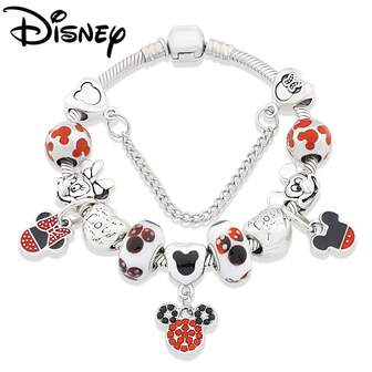 Disney 1 Pc Red Crystal Cartoon Charm Bracelet Silver Plated Mickey Minnie Heart Bead Fashion Jewelry Gift For Women