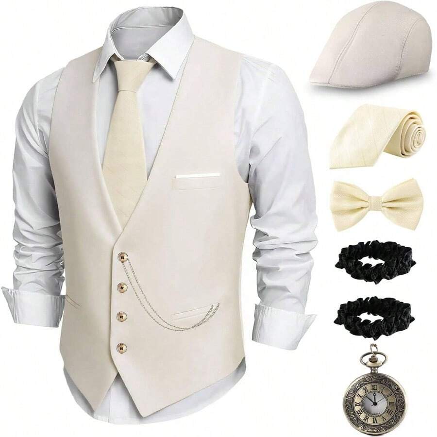 1920s Mens Costume, Roaring 20s Costumes Men, 1920S Mens Outfit Accessories With Vest Hat Pocket Watch Tie Armband - 中號+米色 - 查看 1